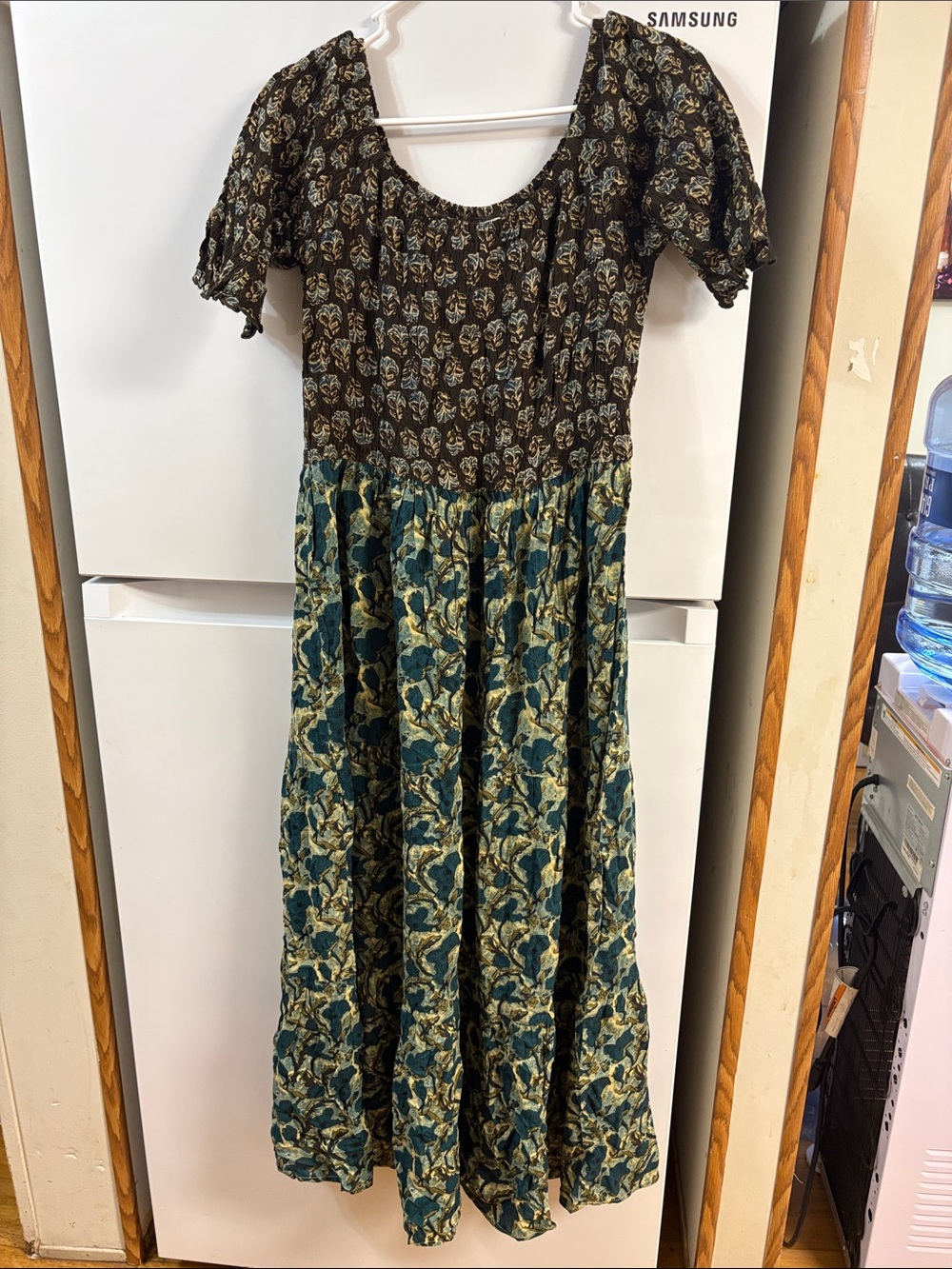 NATURAL LIFE Brown and Teal Floral Puff-Sleeve Maxi Dress